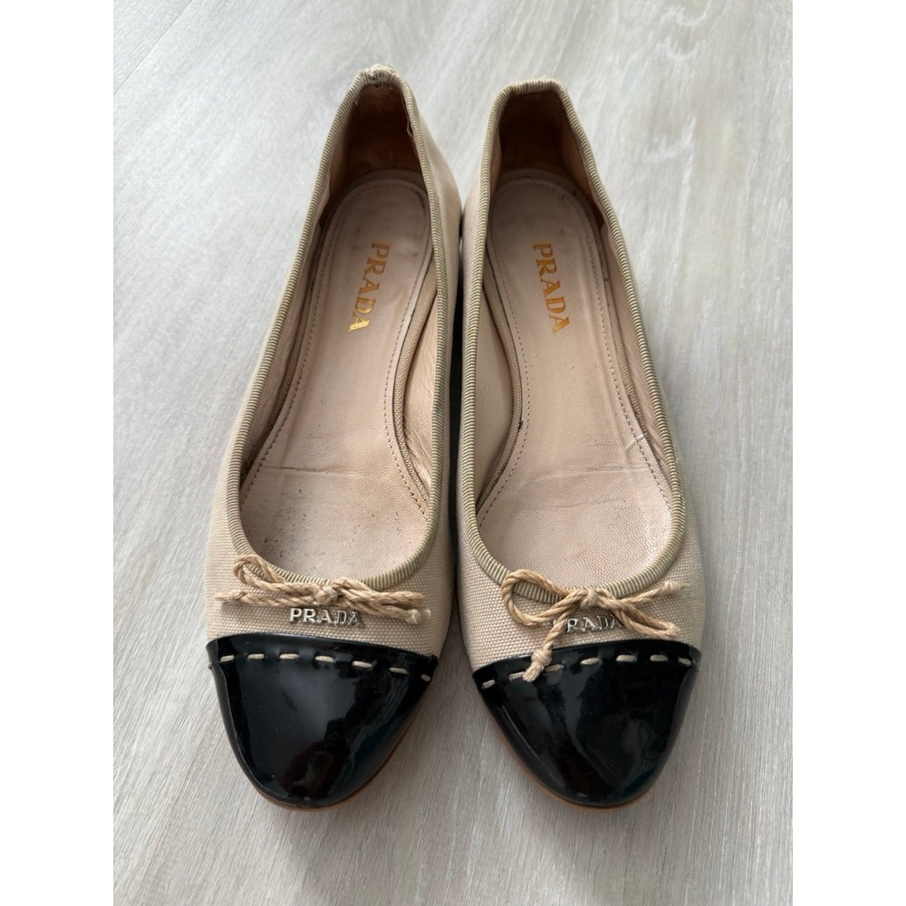 Prada Women Canvas Patent Leather Cap Toe Ballet Flats Beige Black Sz 8.5